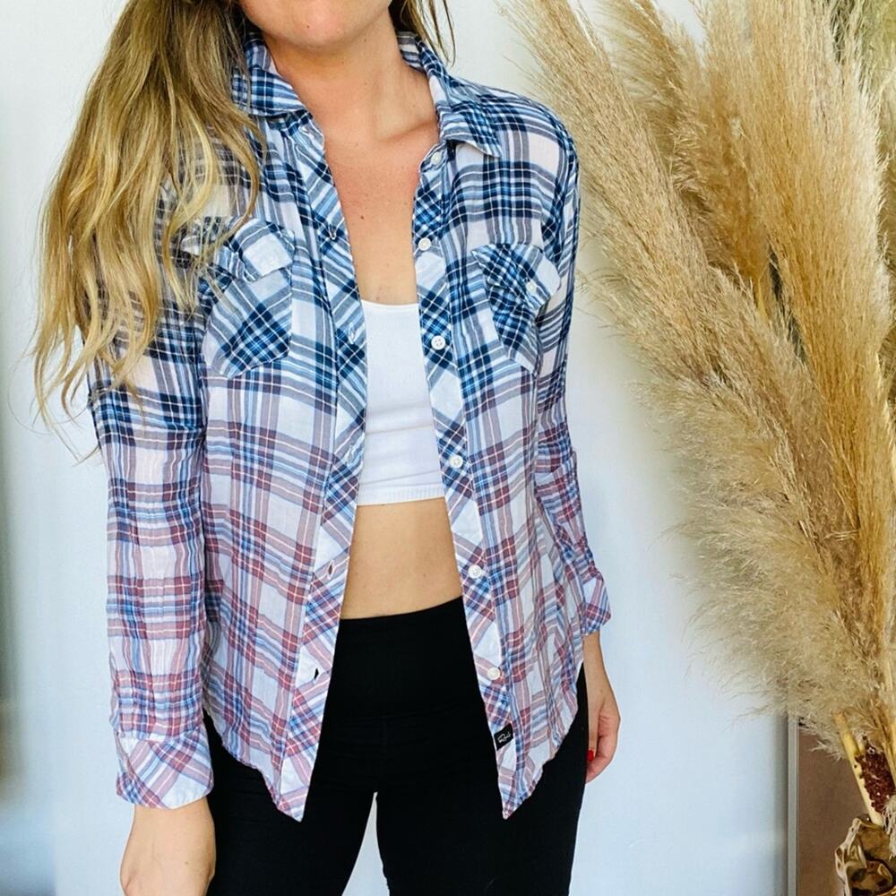 RAILS Ombre White Blue Purple Plaid Checkered Button Down Cotton Blouse Shirt M